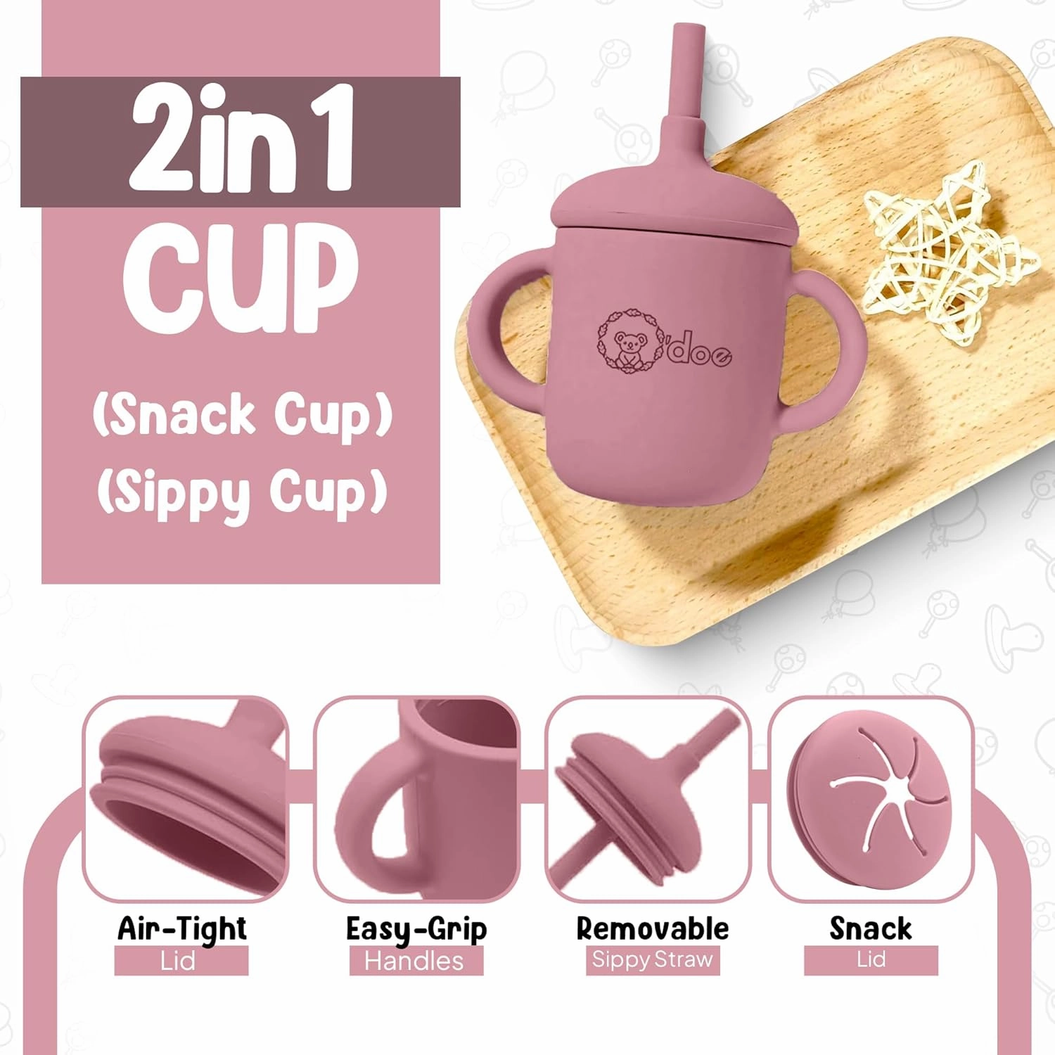 o'doe 11-Piece BPA-Free Silicone Baby Feeding Set | Thick & Soft Suction Plates, Baby Bowls, Wooden Fork & Spoon, and More | Make Mealtime Fun and Easy for Your Little One (Rose, V1)