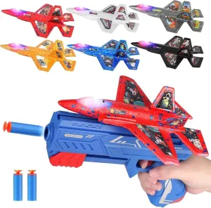 OBEST 6 Pack Airplane Launcher Toys, 11.8'' LED Light Fighter Catapult Toys, Flight Modes Outdoor Flying Toys for Boys and Girls