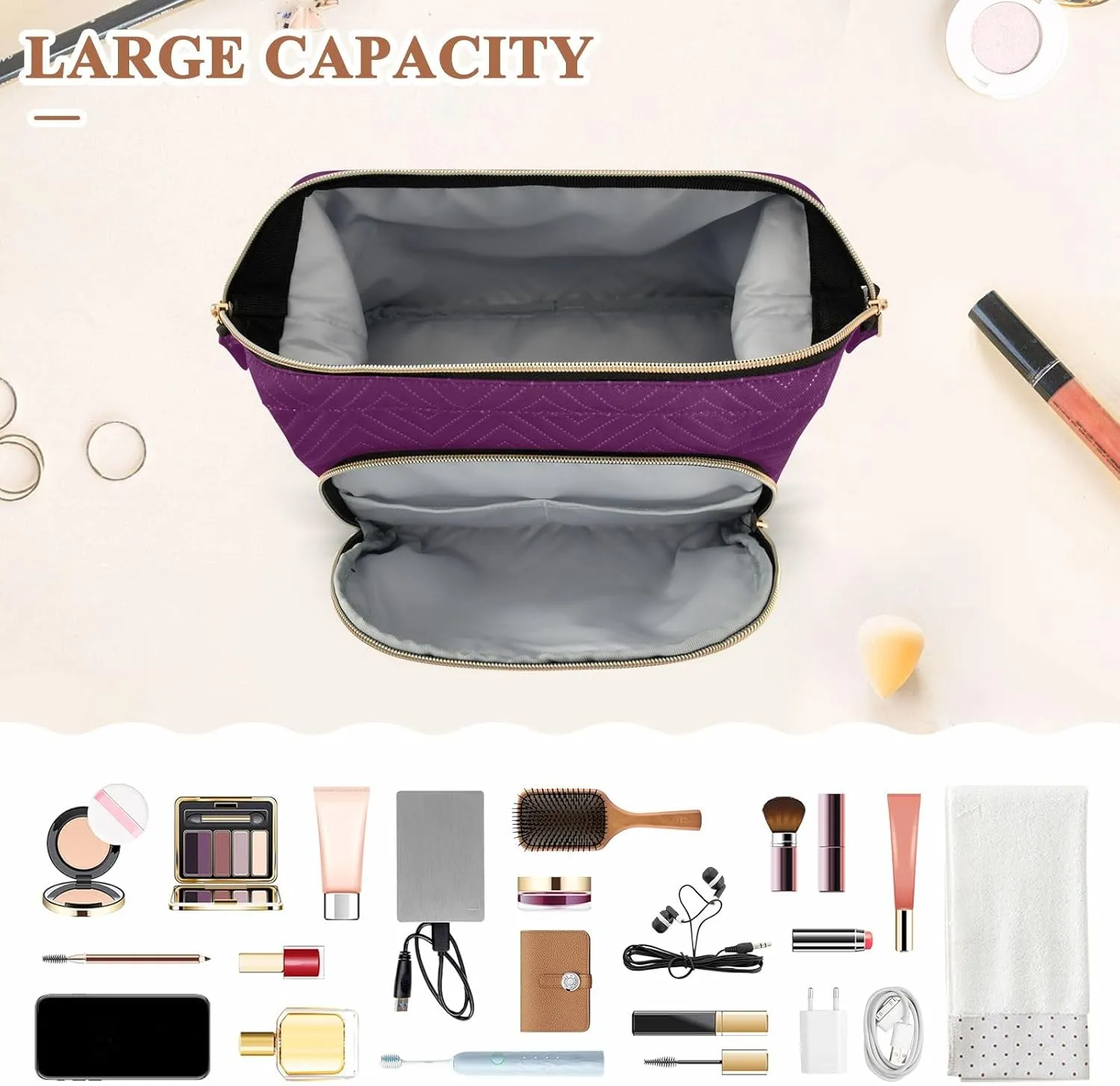 ODAWA Luxury Purple Cosmetic Bag Travel Toiletry Bag Makeup Cosmetic Bags Travel Makeup Bag Double Layer Makeup Organizer Bag