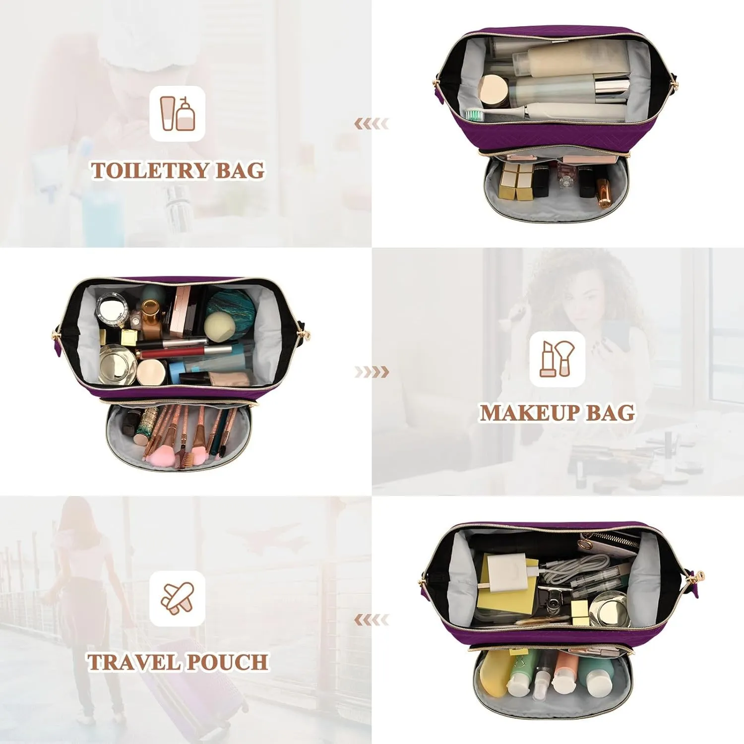 ODAWA Luxury Purple Cosmetic Bag Travel Toiletry Bag Makeup Cosmetic Bags Travel Makeup Bag Double Layer Makeup Organizer Bag