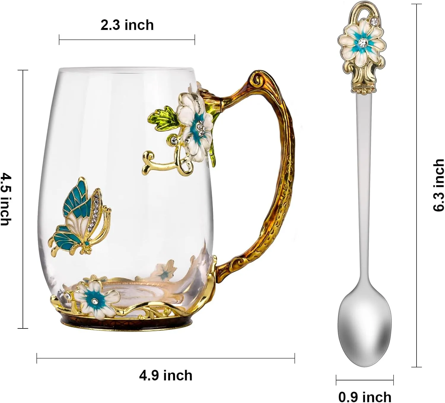 OEAGO Birthday Gifts for Women Mom Glass Coffee Enamels Mug Best Mothers Day Butterfly Gifts for Her from Daughter Son Lead-Free Christmas Tea Cup with Spoon Sets