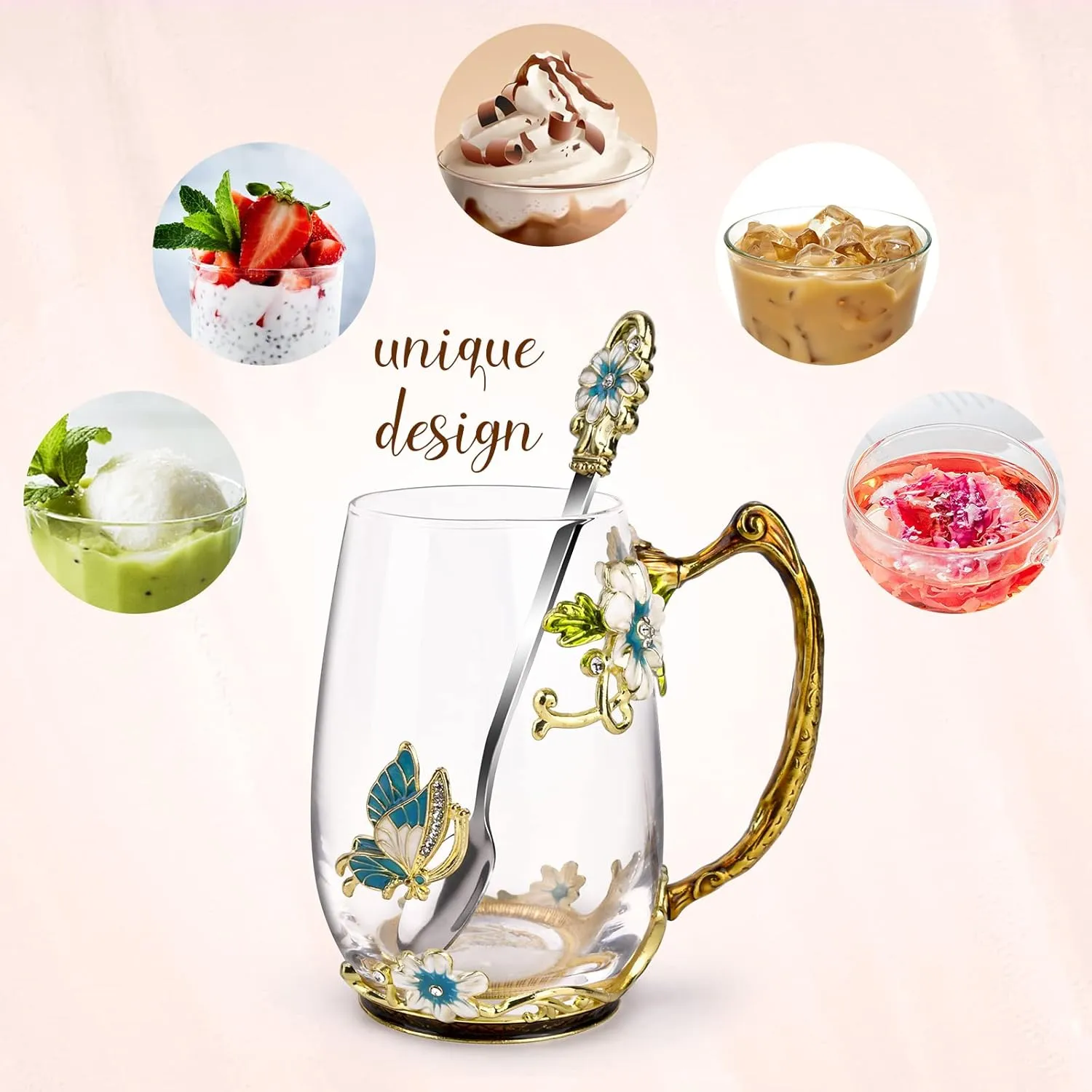 OEAGO Birthday Gifts for Women Mom Glass Coffee Enamels Mug Best Mothers Day Butterfly Gifts for Her from Daughter Son Lead-Free Christmas Tea Cup with Spoon Sets