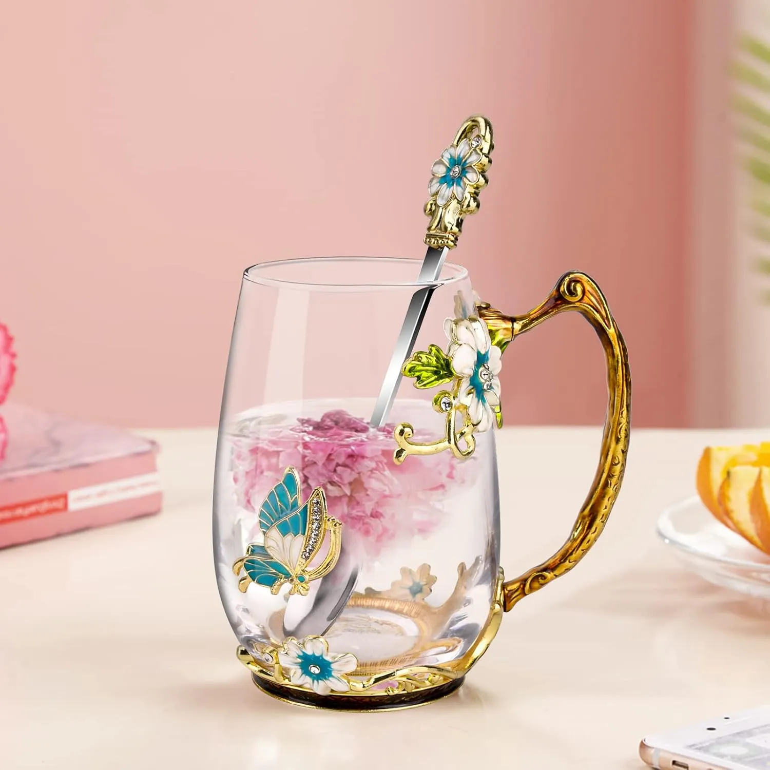 OEAGO Birthday Gifts for Women Mom Glass Coffee Enamels Mug Best Mothers Day Butterfly Gifts for Her from Daughter Son Lead-Free Christmas Tea Cup with Spoon Sets