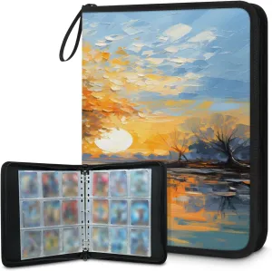 Oil Painting Tree 3 Ring Trading Zipper Binder Strap, Trading Card Binder 4 Pocket, 400 Pockets Card Holder with 50 Removable Sleeves for Game Cards