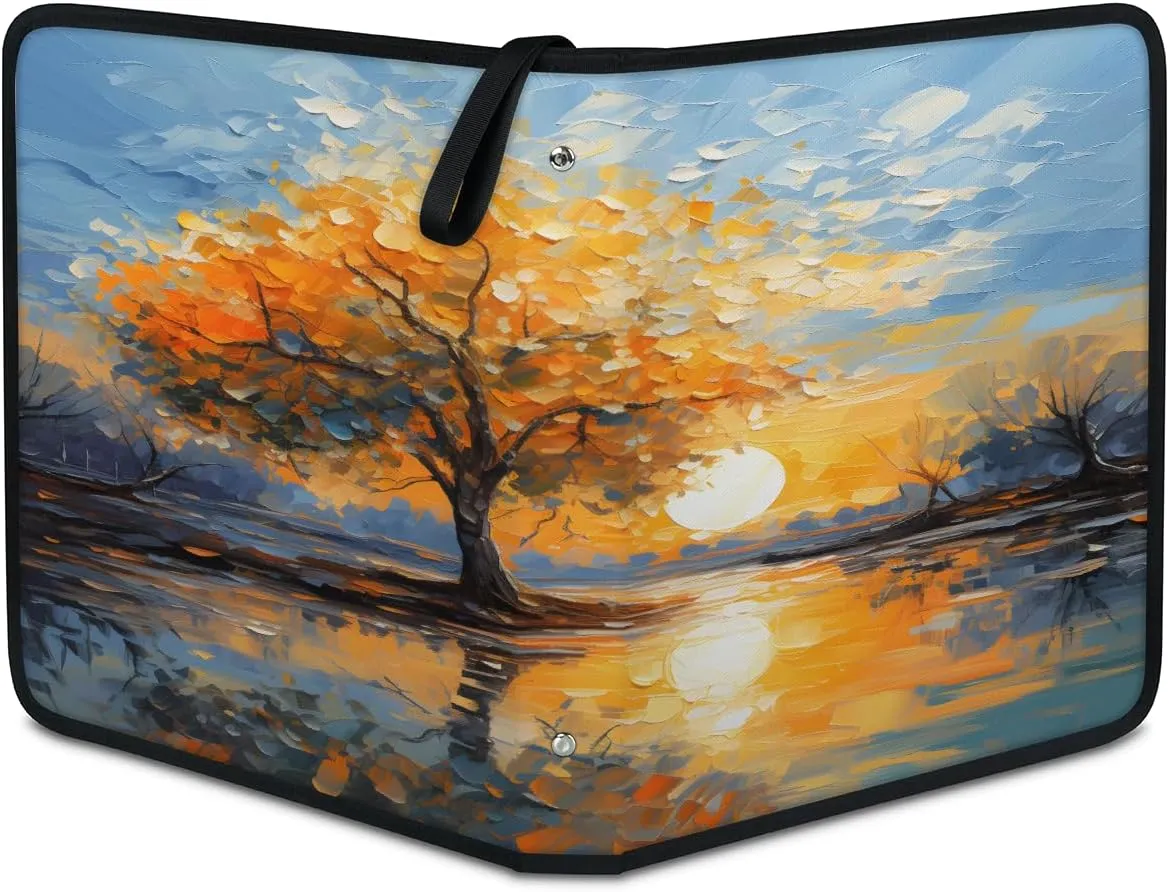 Oil Painting Tree 3 Ring Trading Zipper Binder Strap, Trading Card Binder 4 Pocket, 400 Pockets Card Holder with 50 Removable Sleeves for Game Cards