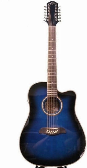 Oscar Schmidt 6 OD312 12-String Acoustic Electric Guitar. Trans, Right, Transparent Blue Sunburst (OD312CETBL-A)