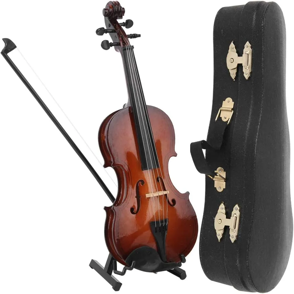 Oumefar Musical Instrument Model, Mini Viola Wooden Miniature Violin With Case, Tiny Viola Bow For Crafts & Gifts