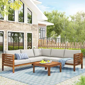 Outdoor Acacia Wood Sectional Sofa Set, Patio Furniture L-Shaped Sofa Set with Coffee Table and Cushions, Free Combination Slatted Design Sofas Group, Strong Metal Accessories, Water-Resistant, Beige