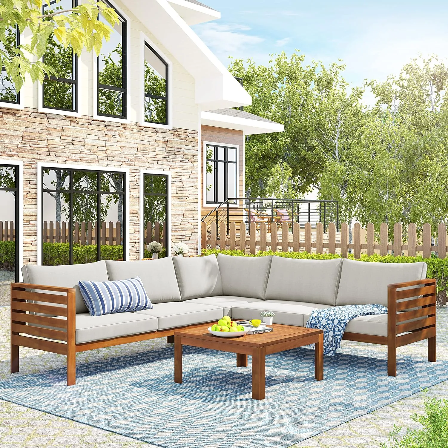 Outdoor Acacia Wood Sectional Sofa Set, Patio Furniture L-Shaped Sofa Set with Coffee Table and Cushions, Free Combination Slatted Design Sofas Group, Strong Metal Accessories, Water-Resistant, Beige