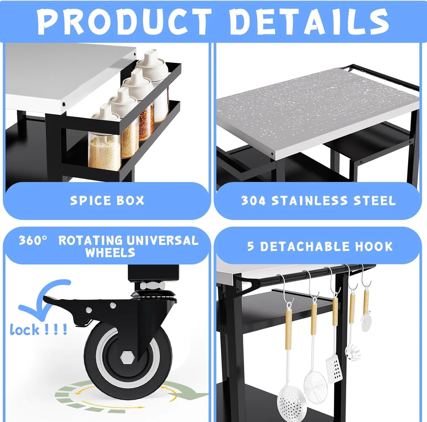 Outdoor Grill Table, Multi-Function Pizza Oven Stand, Three-Shelf Food Prep and Work Cart Table, Heavy Duty Grill Cart for Party, Bar, Camping