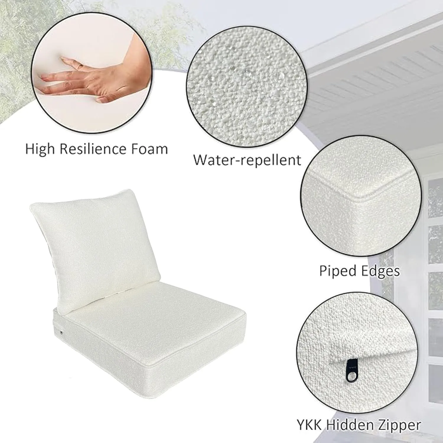 Outdoor/Indoor 22x24 inch Deep Seat Patio Cushions Set of 2 Resilient Foam Filling Water Repellent Stain-Resistant UV Resistant Weather Resistant Patio Cushions Cream White Boucle