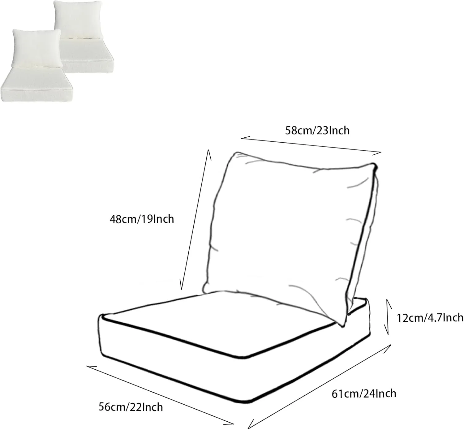 Outdoor/Indoor 22x24 inch Deep Seat Patio Cushions Set of 2 Resilient Foam Filling Water Repellent Stain-Resistant UV Resistant Weather Resistant Patio Cushions Cream White Boucle