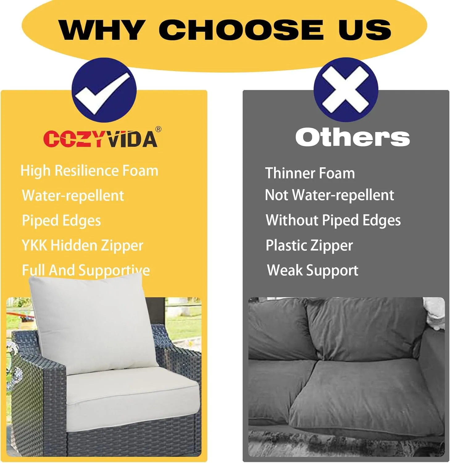 Outdoor/Indoor 23.5x25 inch Deep Seat Patio Cushions Set of 2 Resilient Foam Filling Water Repellent Stain-Resistant UV Resistant Weather Resistant Patio Cushions Almond