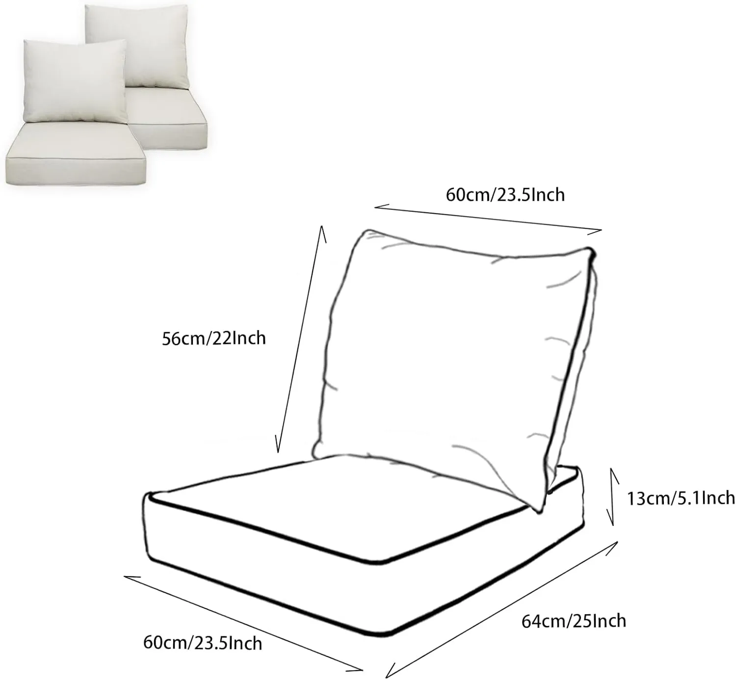 Outdoor/Indoor 23.5x25 inch Deep Seat Patio Cushions Set of 2 Resilient Foam Filling Water Repellent Stain-Resistant UV Resistant Weather Resistant Patio Cushions Almond