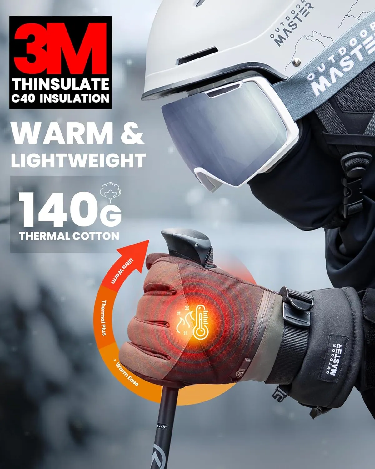 OutdoorMaster Ski Snow Gloves for Women & Men - 3M Thinsulate Waterproof Snowboard Winter Warm Windproof Snowmobile Gloves With Double-Pocket