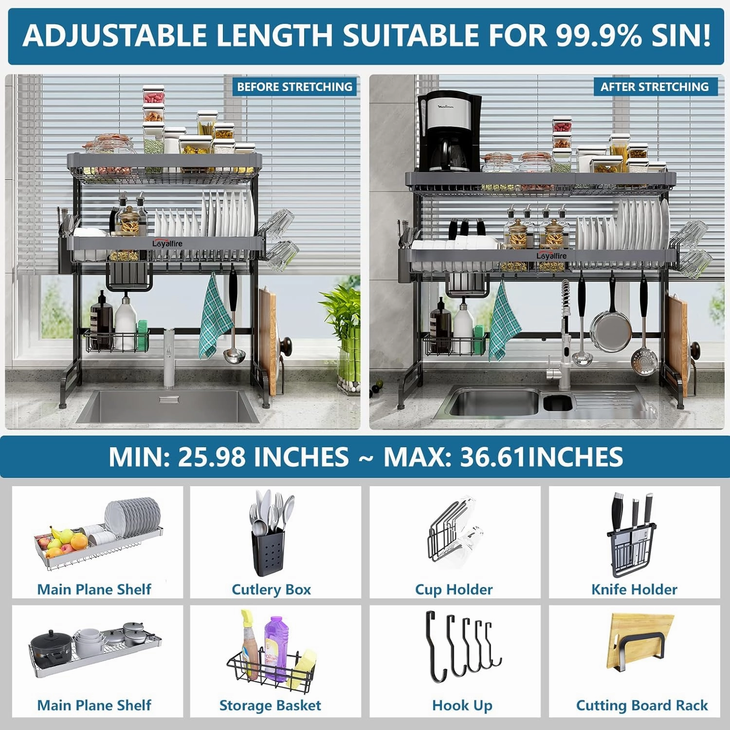 Over Sink Dish Drying Rack, 3 Tier Adjustable Length (20.87'' to 37.6'') Stainless Steel Large Storage Kitchen Dish Rack, Expandable Drainer Shelf Rack with Multifunctional Organizers