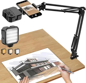 Overhead Phone Mount, Articulating Arm Cell Phone Holder with LED Light, Flexible Phone Stand for Live Streaming, Video Recording, Painting Lighting, Cooking