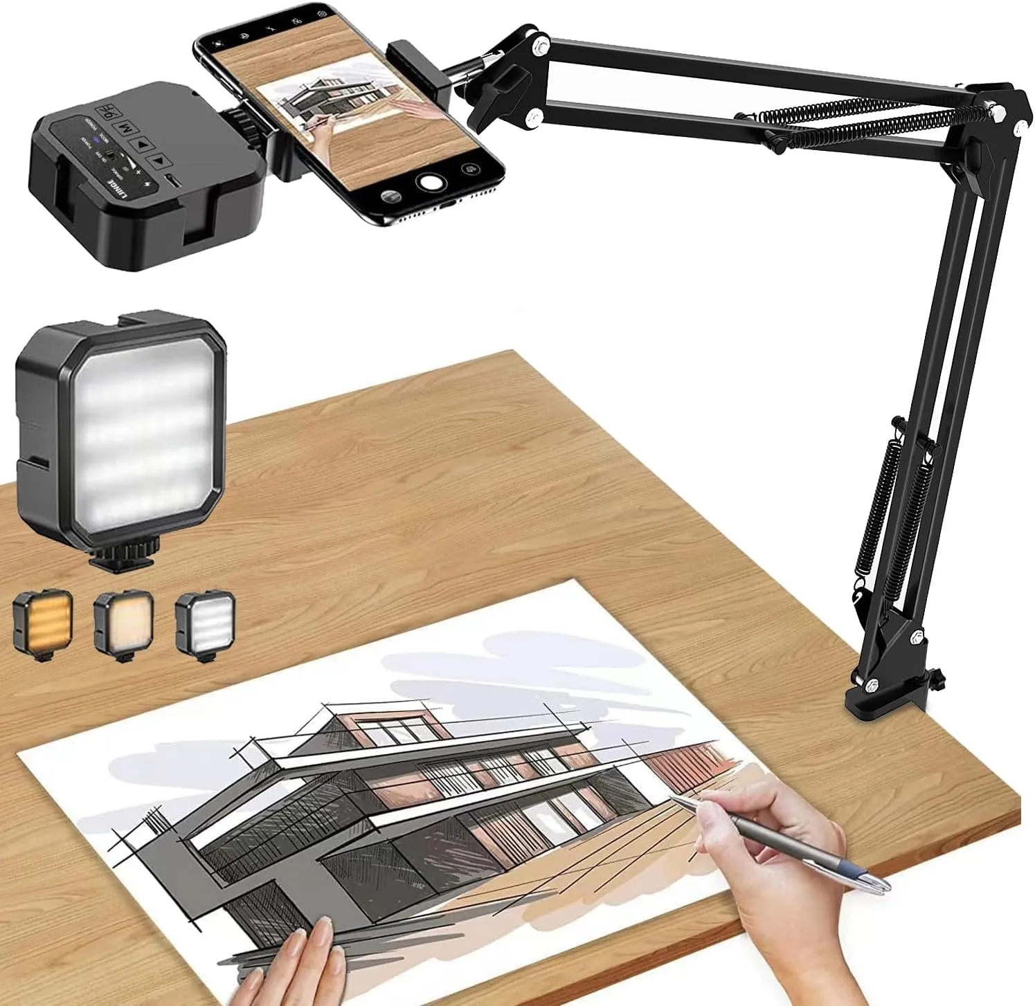 Overhead Phone Mount, Articulating Arm Cell Phone Holder with LED Light, Flexible Phone Stand for Live Streaming, Video Recording, Painting Lighting, Cooking