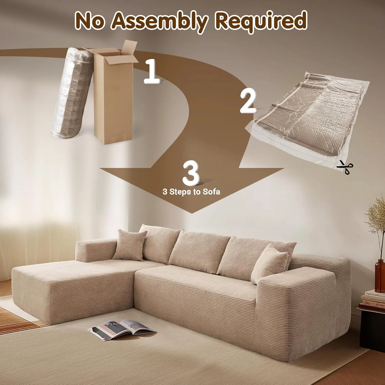 ovios 104" Cloud Sectional Couch with L-Shape Chaise,Modern Modular Sofa with Deep Seat, Upholstered Couches for Living Room Bedroom,No Assembly Required, Camel (Corduroy Fabric)