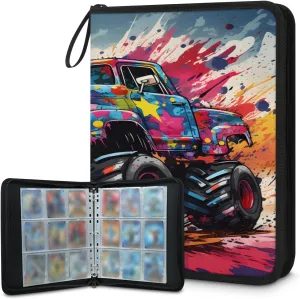 Painted Monster Car 3 Ring Trading Zipper Binder Strap, Trading Card Binder 9 Pocket, 900 Pockets Card Holder with 50 Removable Sleeves for Game Cards