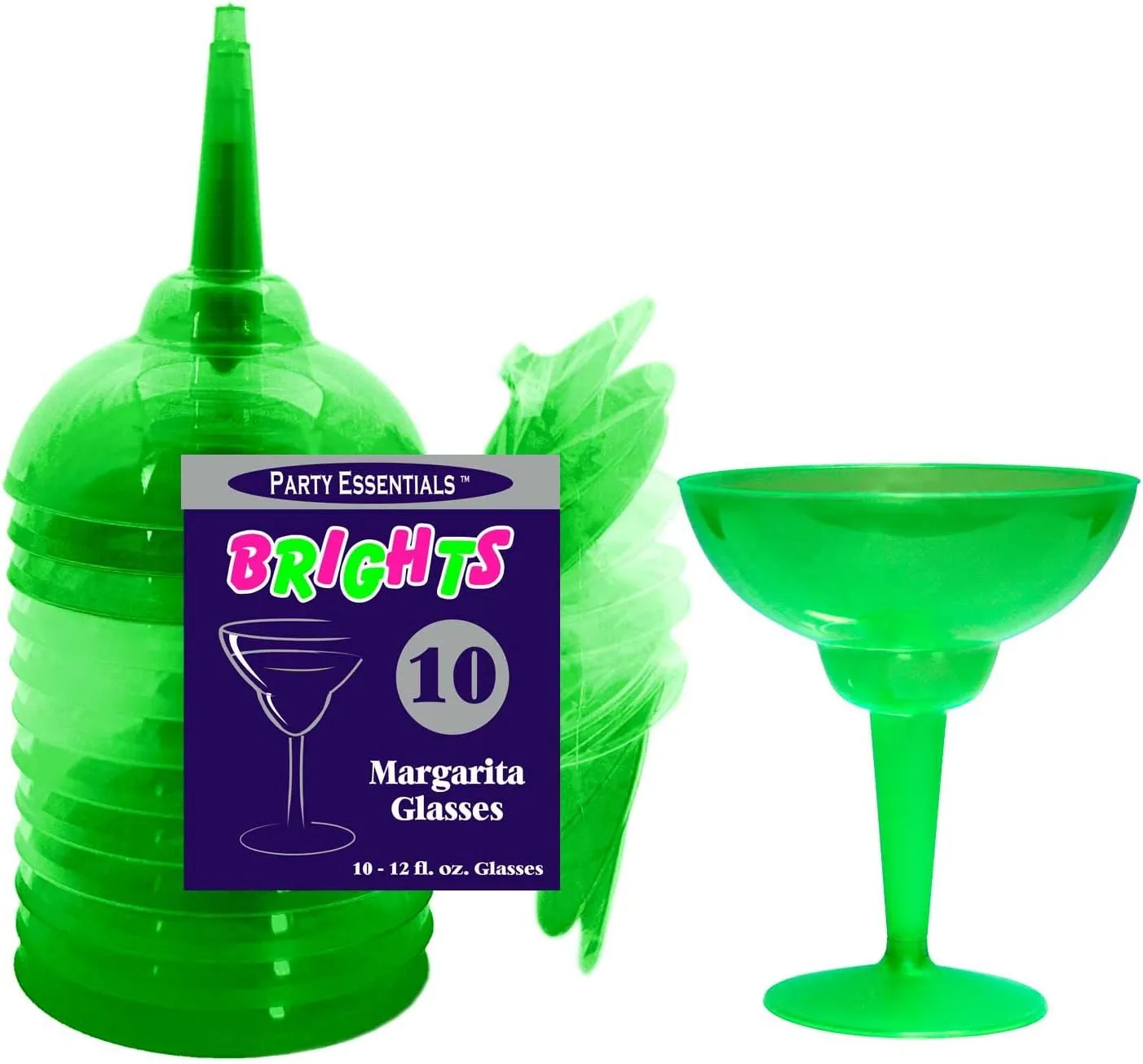 Party Essentials Hard Plastic Two Piece 12-Ounce Margarita Glasses, Neon Green, 10 Count