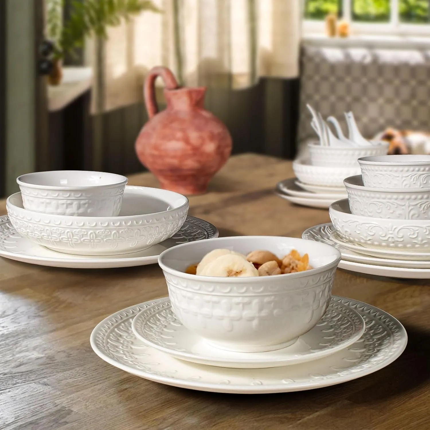 Pasta Bowls, 32oz Salad Bowls Set of 4, White Ceramic Soup Bowls 8 Inch Embossment Large Serving Bowl Wide and Shallow Bowls for Kitchen, Microwave & Dishwasher Safe (Cross Floral)