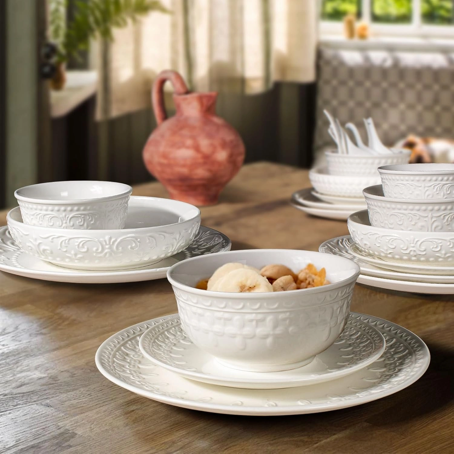 Pasta Bowls, 32oz Salad Bowls Set of 4, White Ceramic Soup Bowls 8 Inch Embossment Large Serving Bowl Wide and Shallow Bowls for Kitchen, Microwave & Dishwasher Safe (Brocade Flower)