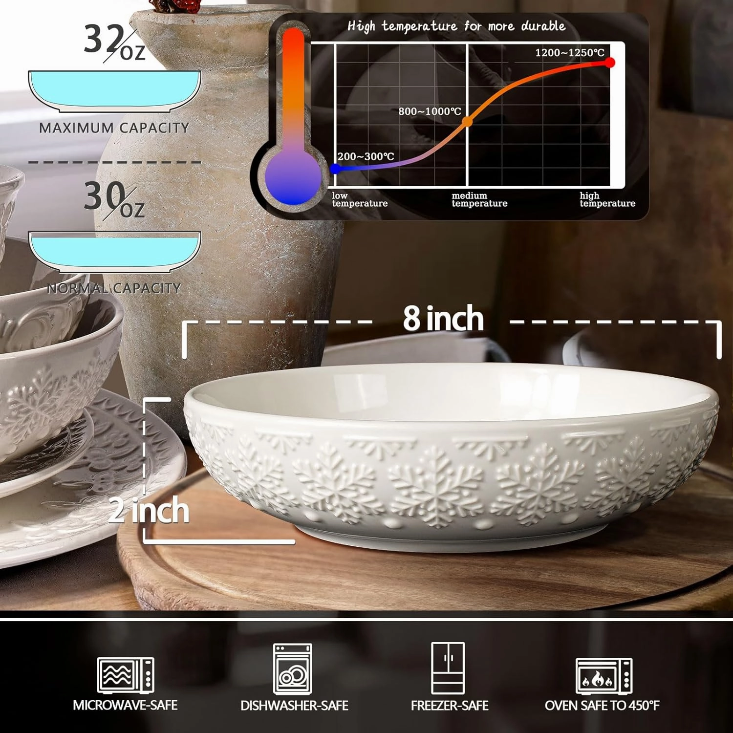 Pasta Bowls, 32oz Salad Bowls Set of 4, White Ceramic Soup Bowls 8 Inch Embossment Large Serving Bowl Wide and Shallow Bowls for Kitchen, Microwave & Dishwasher Safe (Snowflake)