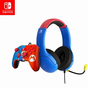 PDP Gaming Bundle Kit: AIRLITE Wired Headset with Mic   REMATCH Wired Pro Controller, Officially Licensed Nintendo Switch/Lite/OLED, Super Mario Dash (Red & Blue)