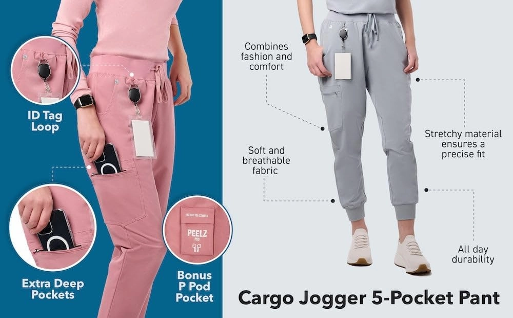 Peelz Arabella 5-Pocket Jogger Scrub Pants for Women - Elastic Waistband, Soft Joggers Women’s Scrubs, Slim Fit
