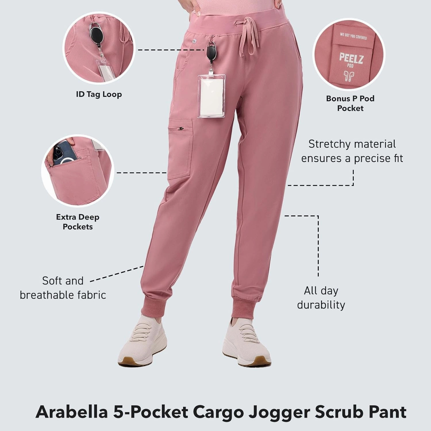 Peelz Arabella 5-Pocket Jogger Scrub Pants for Women - Elastic Waistband, Soft Joggers Women’s Scrubs, Slim Fit