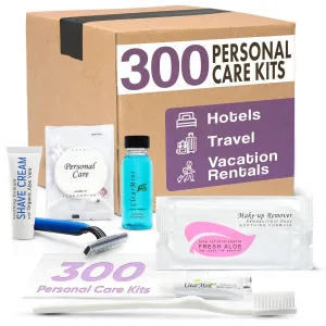 Personal Care Travel Toiletries | 1-Shoppe Amenities Kit | Travel Shaving Set, Toothbrush & Paste, Mouthwash, Makeup Wipes, Swabs, Nail File & Sewing Kit | 300 Pieces