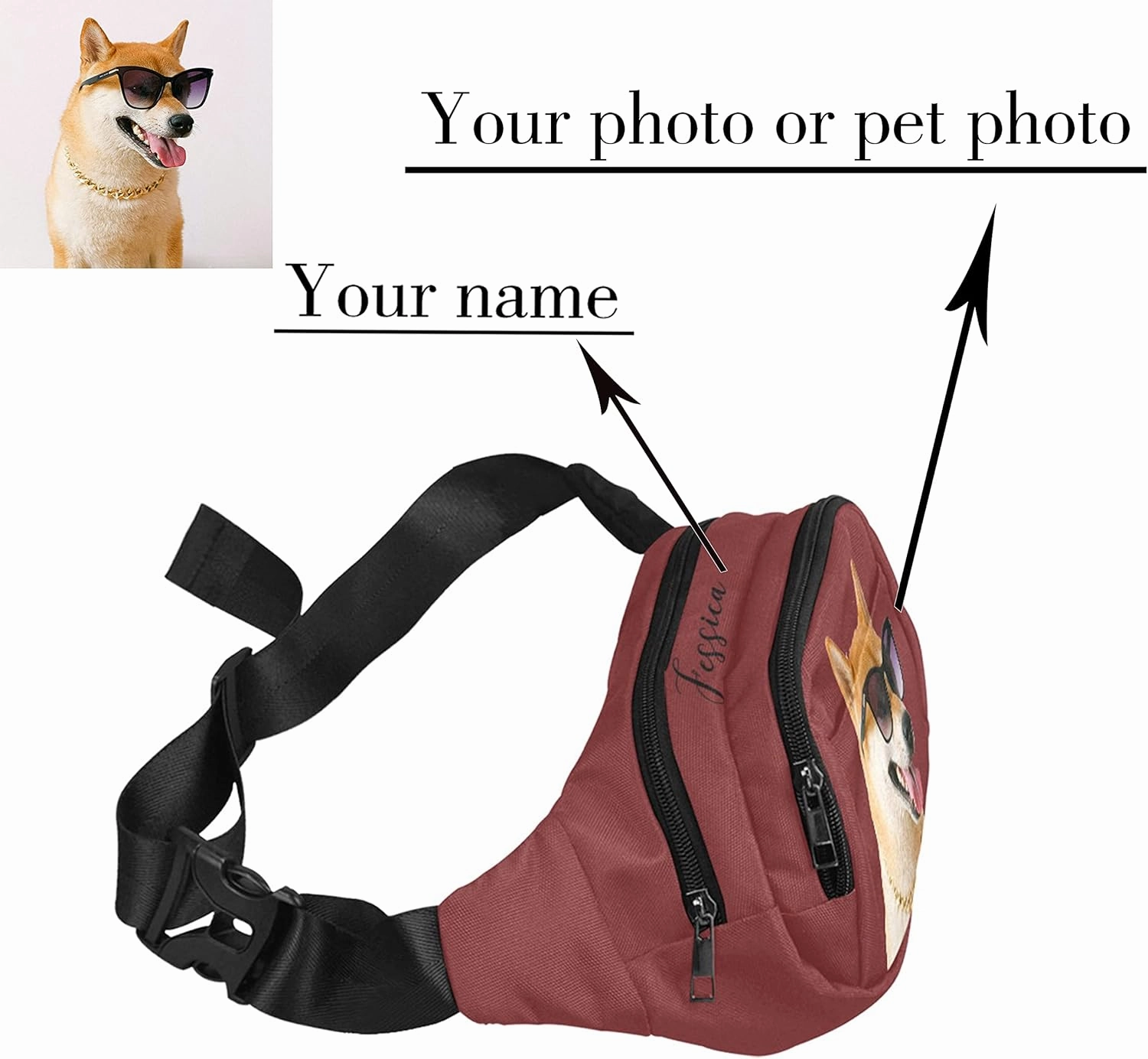 Personalized Fanny Bag for Women Men with Photo Name, Customized Picture Fashion Waist Bag Water Resistant Hip Bum Bag with Adjustable Belt for Travel Hiking Cycling Running (claret)
