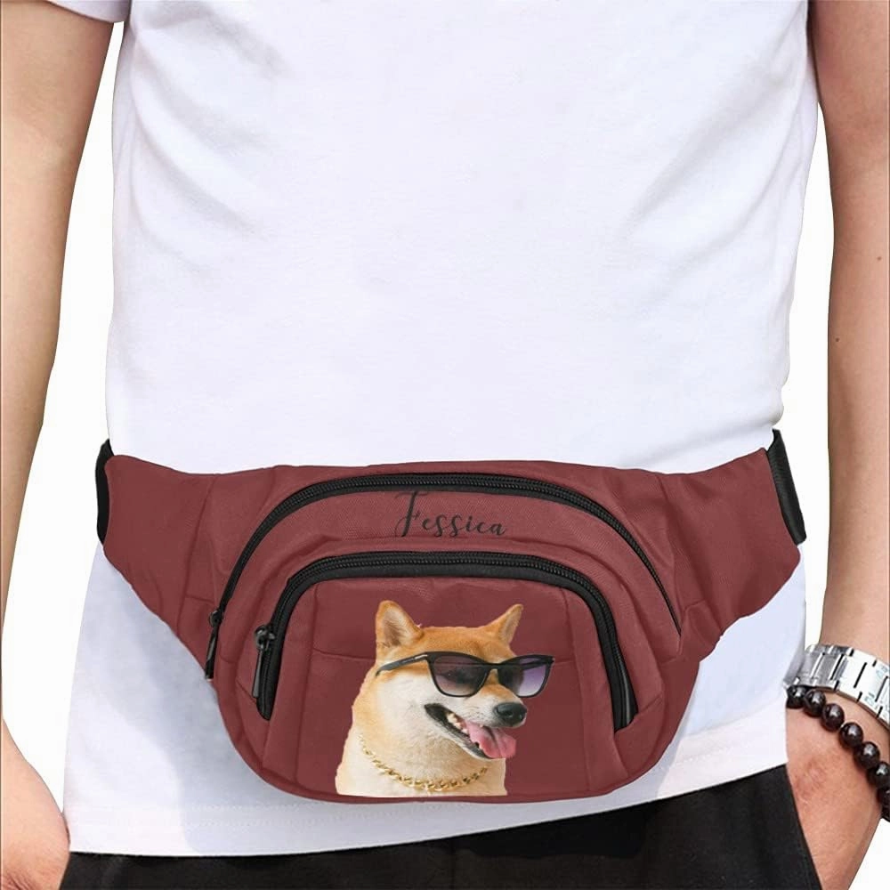 Personalized Fanny Bag for Women Men with Photo Name, Customized Picture Fashion Waist Bag Water Resistant Hip Bum Bag with Adjustable Belt for Travel Hiking Cycling Running (claret)