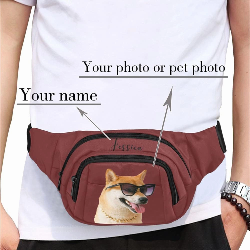 Personalized Fanny Bag for Women Men with Photo Name, Customized Picture Fashion Waist Bag Water Resistant Hip Bum Bag with Adjustable Belt for Travel Hiking Cycling Running (claret)