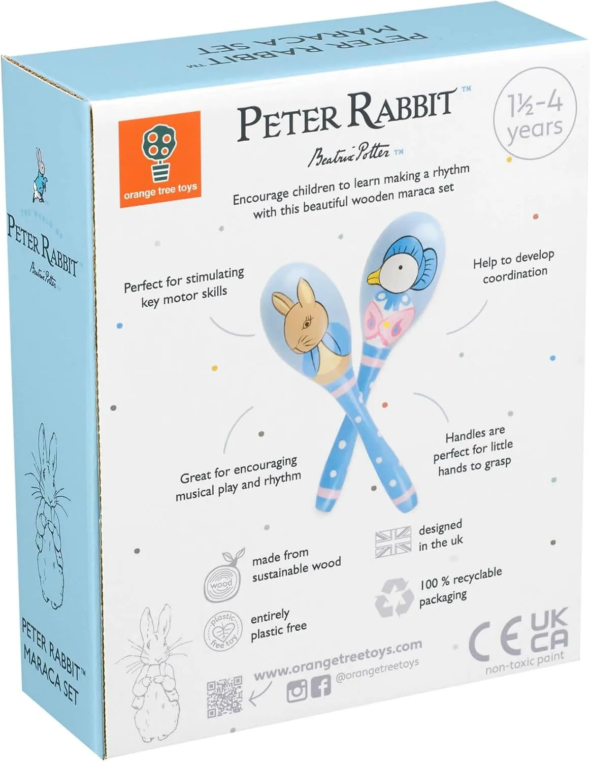 Peter Rabbit: Maraca Set - Set of 2, Wooden Musical Shaker Instruments, Music Development Toy, FSC Certified, Licensed, Toddler & Kids Ages 18mo 