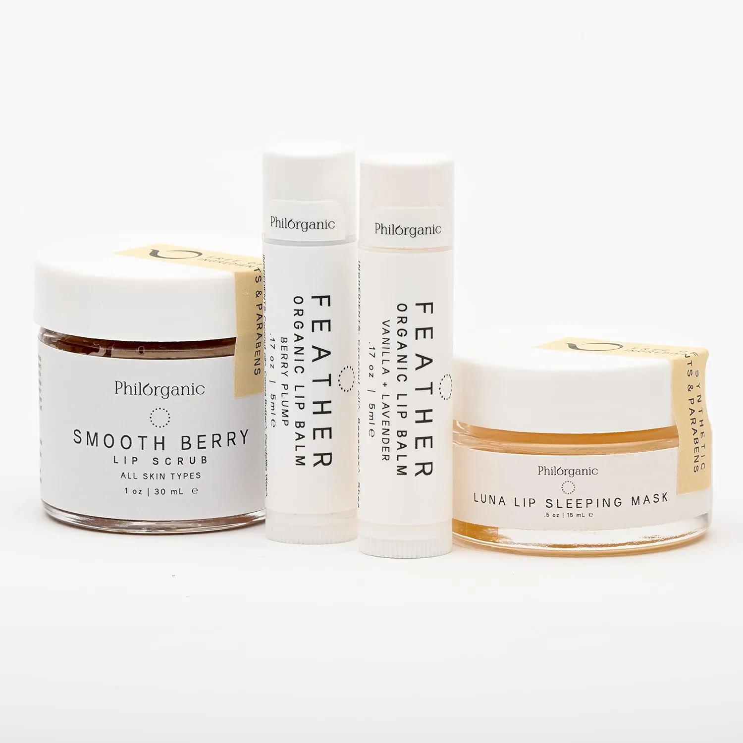 Philorganic Sustainable Lip Care Kit- 4 Pc Organic Gift Set Includes Lip Scrub, Mask, & 2 Balms - Self-Care Spa Moment or Gift - Small Batch USA Made