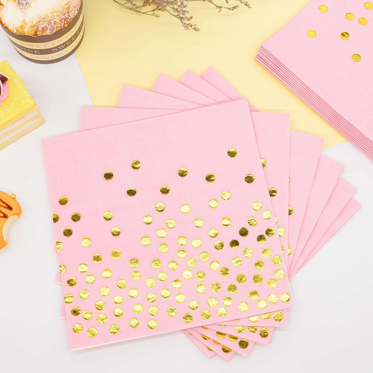 Pink and Gold Party Supplies, 350PCS Disposable Dinnerware Set with Pink Paper Plates Napkins Cups, Gold Plastic Flatware Set for Women Girls Birthday Graduation Baby Shower Engagement Wedding