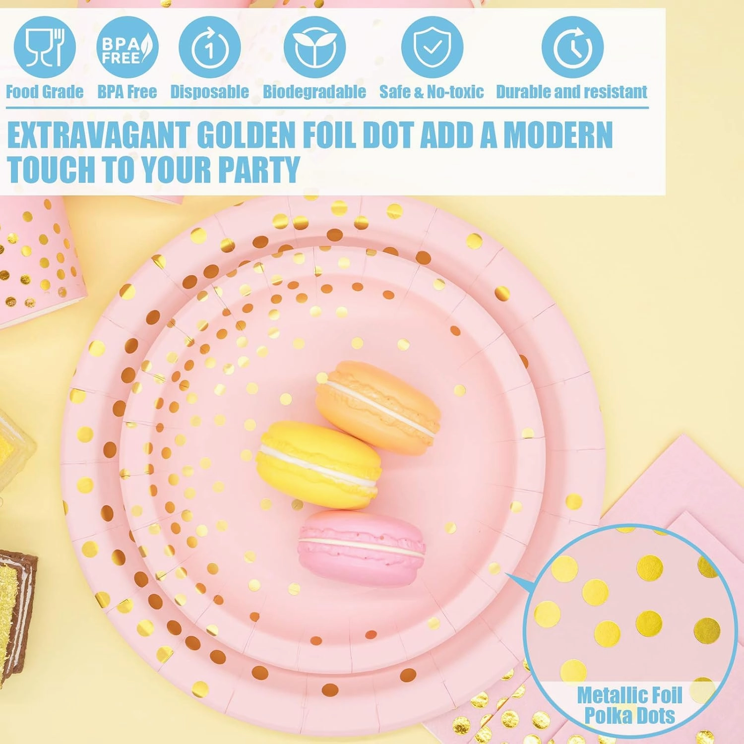 Pink and Gold Party Supplies, 350PCS Disposable Dinnerware Set with Pink Paper Plates Napkins Cups, Gold Plastic Flatware Set for Women Girls Birthday Graduation Baby Shower Engagement Wedding