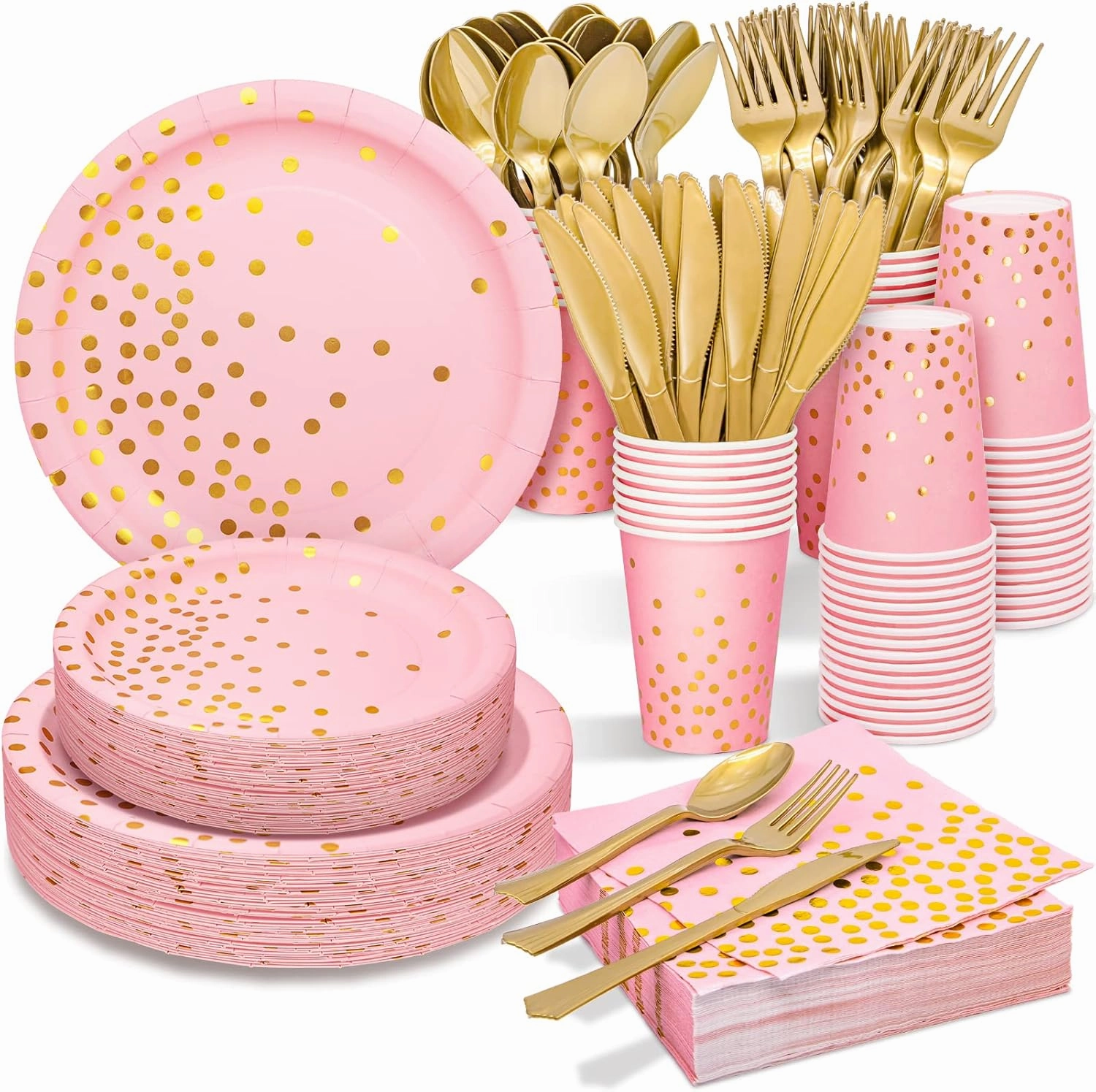 Pink and Gold Party Supplies, 350PCS Disposable Dinnerware Set with Pink Paper Plates Napkins Cups, Gold Plastic Flatware Set for Women Girls Birthday Graduation Baby Shower Engagement Wedding