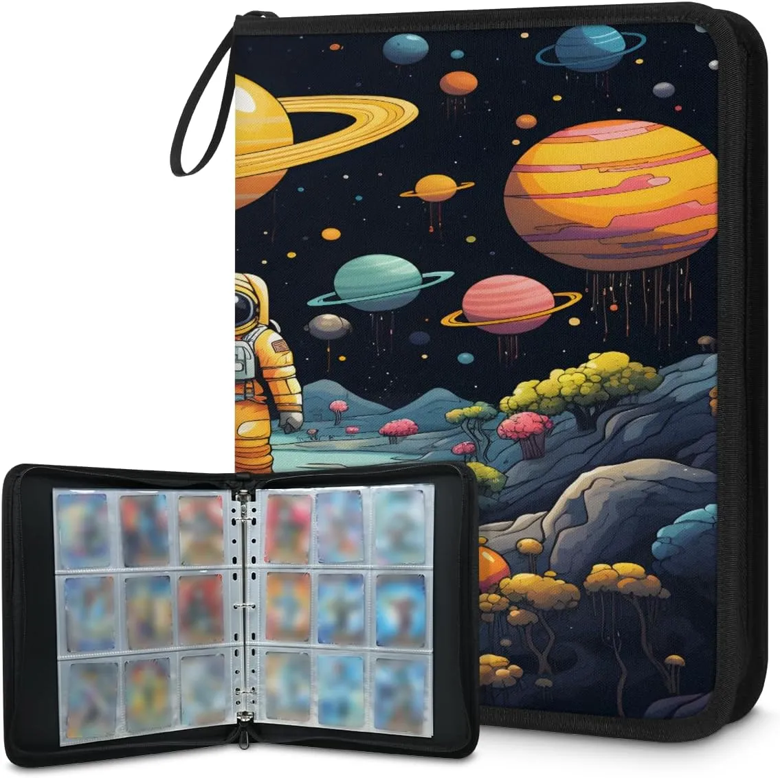 Planet Orange Astronaut 3 Ring Trading Zipper Binder Strap, Trading Card Binder 9 Pocket, 900 Pockets Card Holder with 50 Removable Sleeves for Game Cards