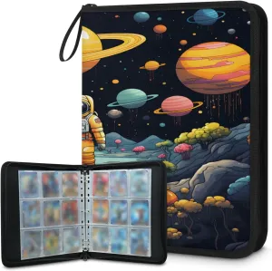 Planet Orange Astronaut 3 Ring Trading Zipper Binder Strap, Trading Card Binder 9 Pocket, 900 Pockets Card Holder with 50 Removable Sleeves for Game Cards
