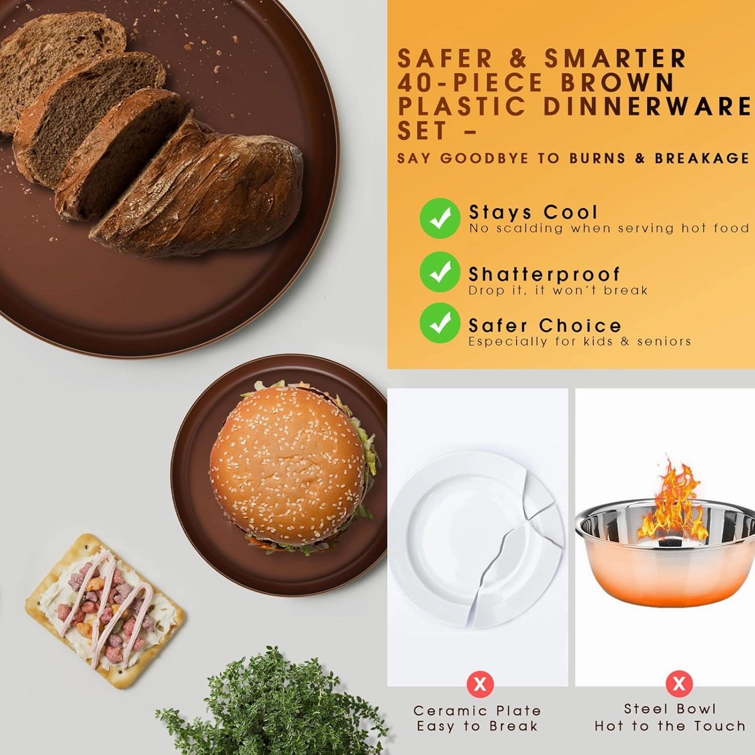 Plastic Dinnerware Sets – Brown Plastic Plates, 40-Piece Reusable Dishes Set for 8 with Cups, Forks, Knives and Spoons, Unbreakable Plates and Bowls for Camping, Outdoor Use