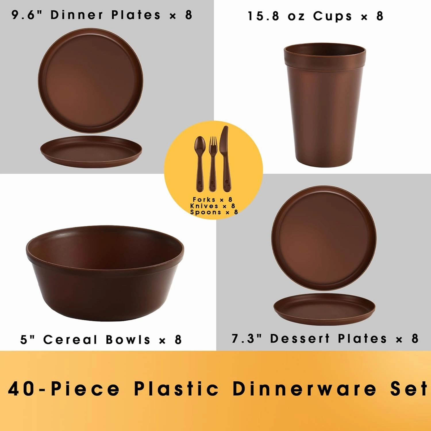 Plastic Dinnerware Sets – Brown Plastic Plates, 40-Piece Reusable Dishes Set for 8 with Cups, Forks, Knives and Spoons, Unbreakable Plates and Bowls for Camping, Outdoor Use