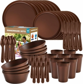 Plastic Dinnerware Sets – Brown Plastic Plates, 40-Piece Reusable Dishes Set for 8 with Cups, Forks, Knives and Spoons, Unbreakable Plates and Bowls for Camping, Outdoor Use