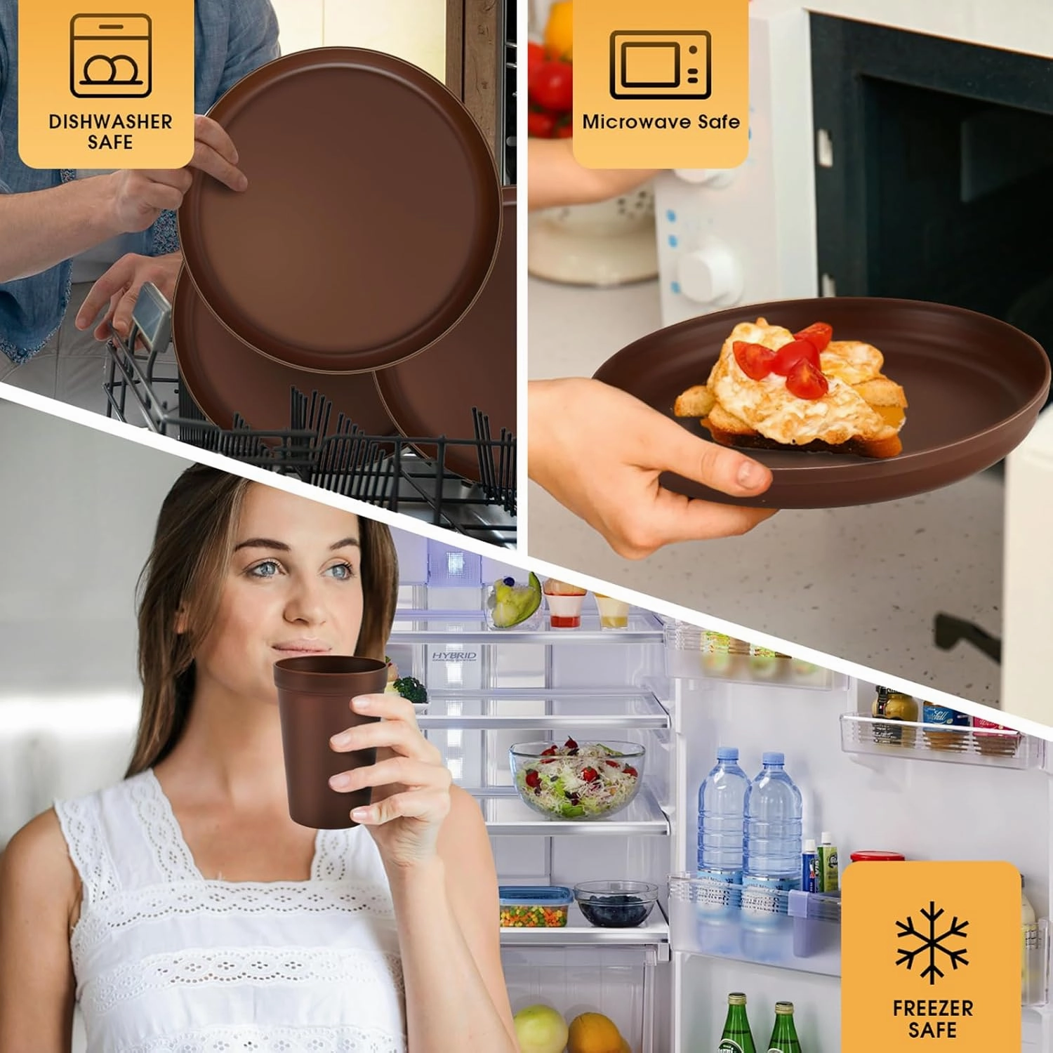 Plastic Dinnerware Sets – Brown Plastic Plates, 40-Piece Reusable Dishes Set for 8 with Cups, Forks, Knives and Spoons, Unbreakable Plates and Bowls for Camping, Outdoor Use