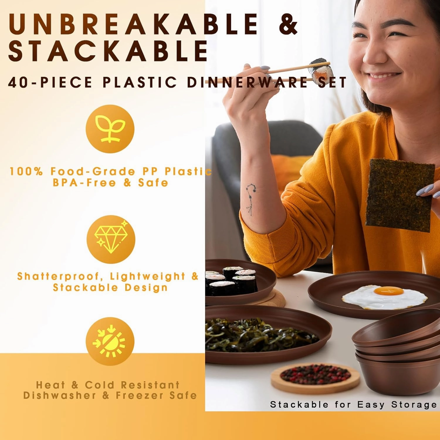 Plastic Dinnerware Sets – Brown Plastic Plates, 40-Piece Reusable Dishes Set for 8 with Cups, Forks, Knives and Spoons, Unbreakable Plates and Bowls for Camping, Outdoor Use