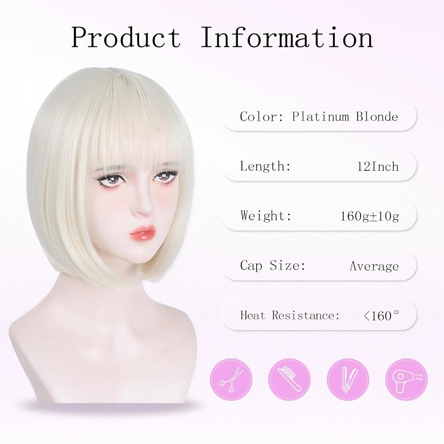 Platinum Blonde Bob Wigs for White Women - 12'' Short Bob Wigs With Bangs Natural Fashion Synthetic Wig Colorful Synthetic Hair for Daily Cosplay Halloween