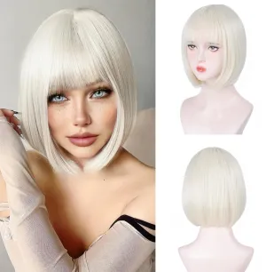 Platinum Blonde Bob Wigs for White Women - 12'' Short Bob Wigs With Bangs Natural Fashion Synthetic Wig Colorful Synthetic Hair for Daily Cosplay Halloween