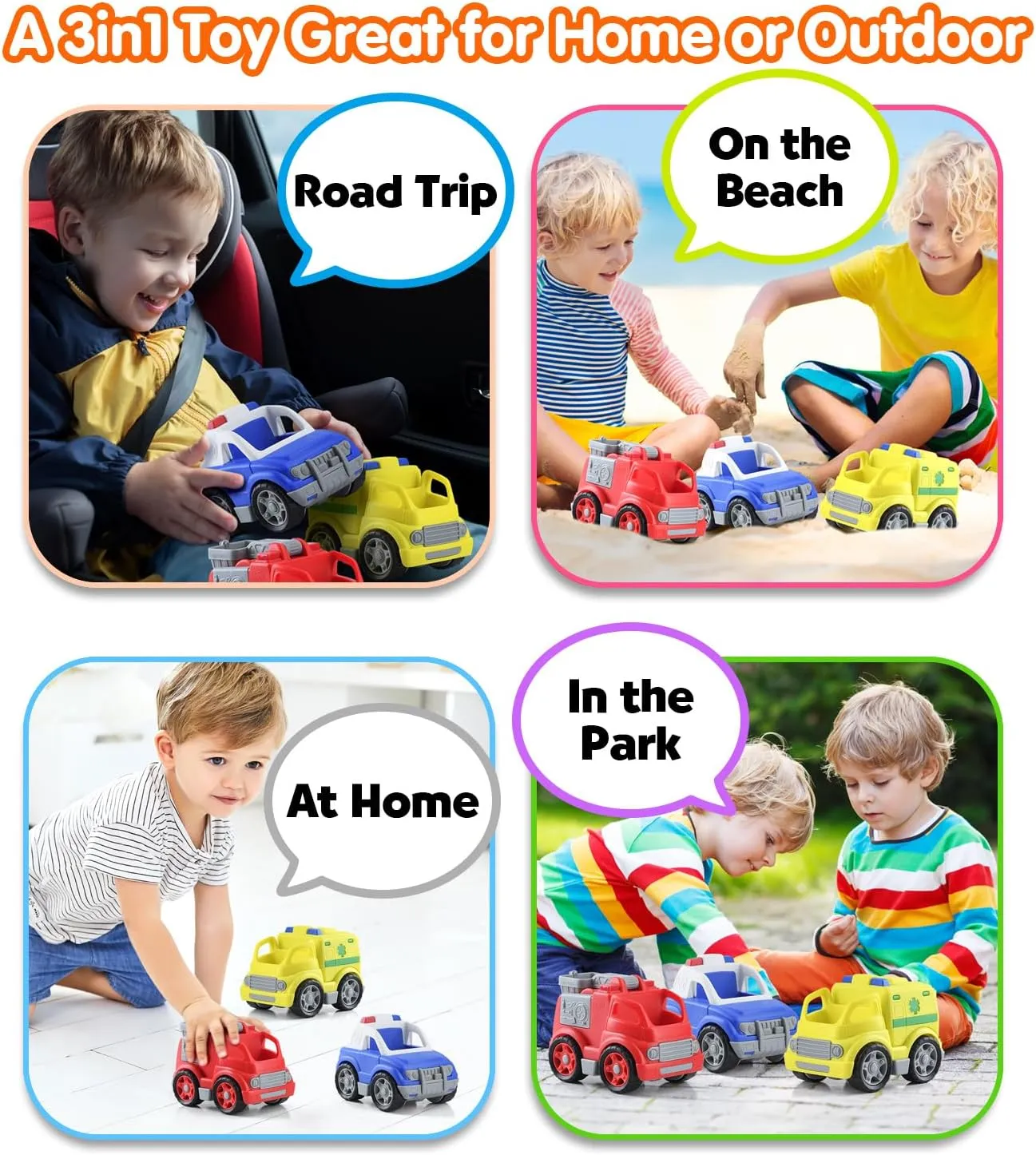 PLAY Eco-Friendly 3 in 1 Emergency Vehicle Toy Set, [USDA Certified] No BPA/Phthalate/PVC, Recycled Bioplastic Rescue Vehicle with Fire Truck, Police Car & Ambulance Toy